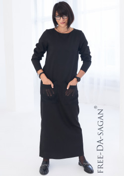 Платье прямого кроя черного цвета с шифоновыми карманами