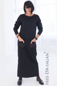 Платье прямого кроя черного цвета с шифоновыми карманами - Платье прямого кроя черного цвета с шифоновыми карманами